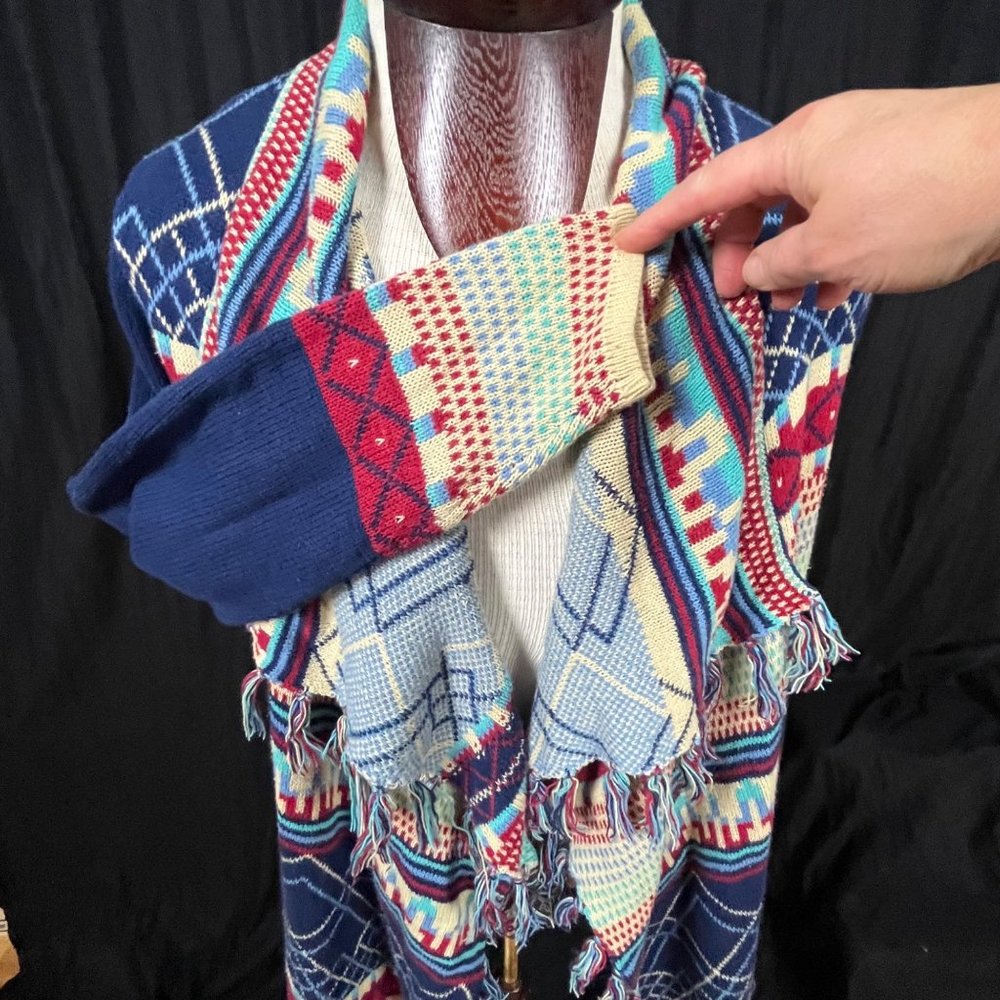 Wrangler Blanket Sweater Cardigan Southwest Geometric Plaid‎ Design Fringe Sz LG - Picture 8 of 8
